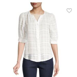Saks Fifth Avenue Plaid Puff-Sleeve Blouse White XS Button Up Cottagecore Beach